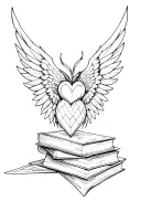 wings, books, geometrische formen, anatomisches herz und hirn tattoo design idea