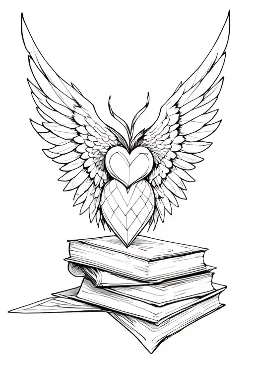 wings, books, geometrische formen, anatomisches herz und hirn tattoo design idea