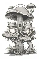 Two frogs holding hands walking through a cottage core fairy forest with large huge mushrooms and a crescent moon in the tattoo design idea