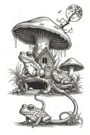 Two frogs holding hands walking through a cottage core fairy forest with large huge mushrooms and a crescent moon in the tattoo design idea