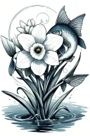 A daffodil with two fishes (symbolizing Pisces) swimming around it. tattoo design idea