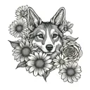 create a fine line tattoo, of an outline of the best friends animal society logo, with daisies around it. tattoo design idea