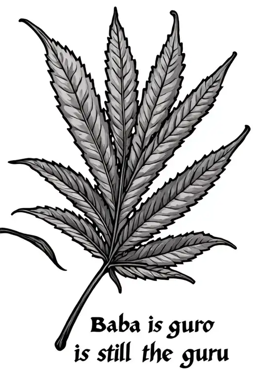 1 marijuana leaf with long stem, Written Baba is still the Guru in 3 steps tattoo design idea