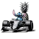 Disney's Stitch driving a Red Bull formula one car slightly angled with a pineapple background  tattoo design idea