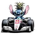 Disney's Stitch driving a Red Bull formula one car slightly angled with a pineapple background  tattoo design idea