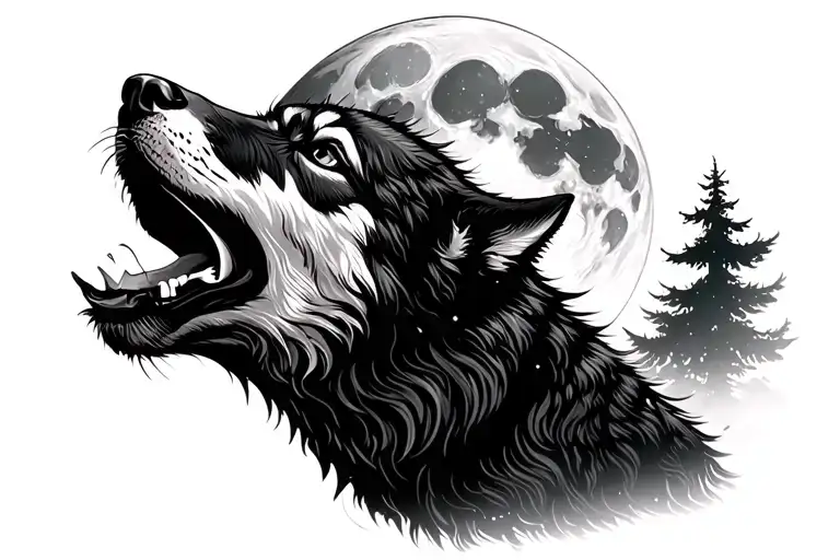 travel, wolf howling at the moon tattoo design idea