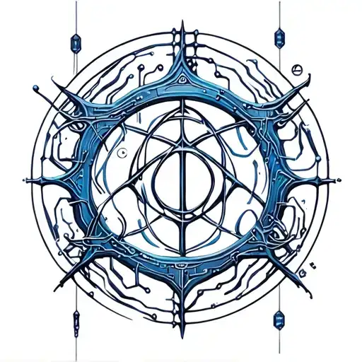 A mystical pagan symbol intertwined with computer circuitry tattoo design idea
