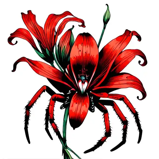 A tattoo on the back of a long arm. red spider Lily, fine lines and eyes tattoo design idea