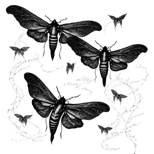 Multiple tiny moth silhouettes “fading” into script like wisps of thread with a scarf tattoo design idea