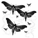 Multiple tiny moth silhouettes “fading” into script like wisps of thread with a scarf tattoo design idea