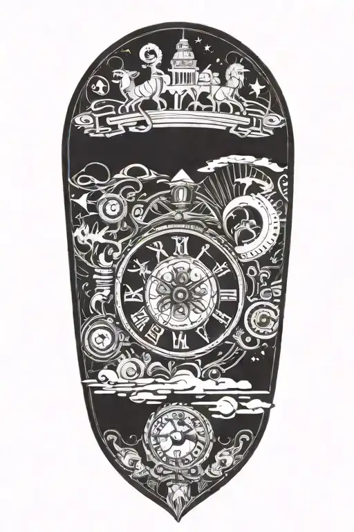 Incorporate gaming and ancient history into a tattoo design inspired by the concept of time travel, featuring iconic symbols from different eras merging together tattoo design idea