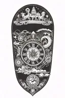 Incorporate gaming and ancient history into a tattoo design inspired by the concept of time travel, featuring iconic symbols from different eras merging together tattoo design idea