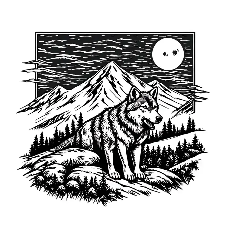 Mountain with full moon in the background that incorporates blackfoot native totem poles and a wolf tattoo design idea