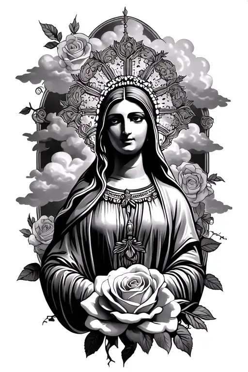 Guadalupe with clouds and roses tattoo design idea