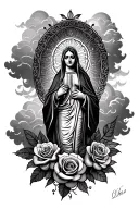 Guadalupe with clouds and roses tattoo design idea