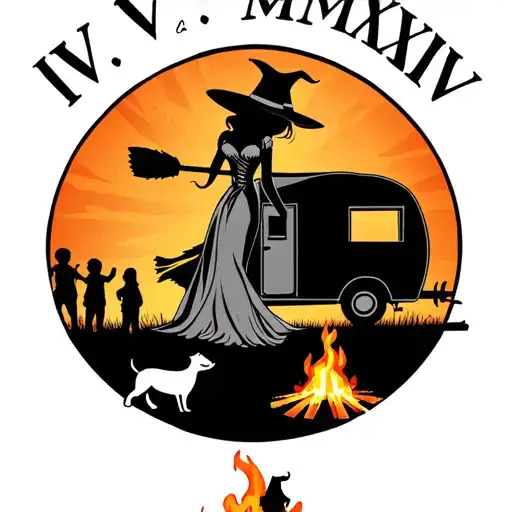 "IV V MMXIV" "IV V MMXIV" "IV V MMXIV" "IV V MMXIV" silhouette of busty sexy witch bride on broomstick over a campsite with a trailer and campfire with children & dog tattoo design idea