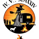 "IV V MMXIV" "IV V MMXIV" "IV V MMXIV" "IV V MMXIV" silhouette of busty sexy witch bride on broomstick over a campsite with a trailer and campfire with children & dog tattoo design idea