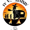 "IV V MMXIV" "IV V MMXIV" "IV V MMXIV" "IV V MMXIV" silhouette of busty sexy witch bride on broomstick over a campsite with a trailer and campfire with children & dog tattoo design idea