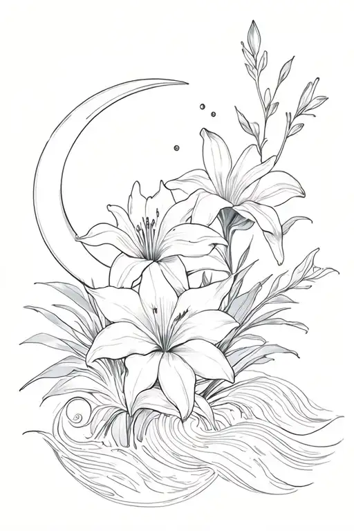 half moon, waves, 2 Sakura flowers, 1 lily flower, 1 iris flower, 1 gladiolus flower and leaves tattoo design idea