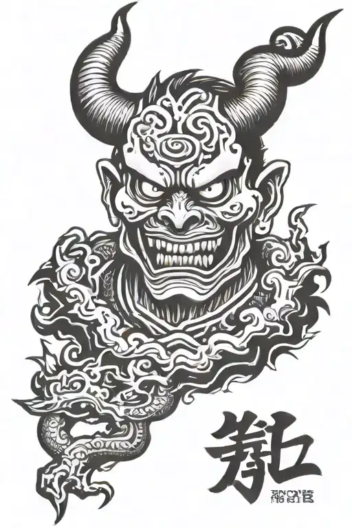 Japanese devil. with text 'rotondo' name incorporated tattoo design idea