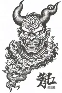 Japanese devil. with text 'rotondo' name incorporated tattoo design idea