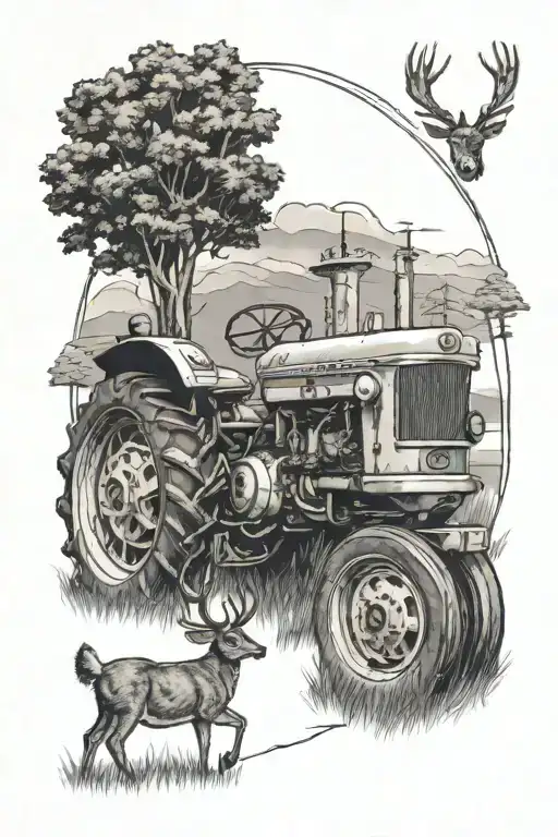 tractor and deer with cross in the background black and white tattoo design idea