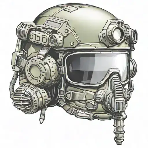  army  spec ops helmet with night vision goggles mounted to it. wearing it is a smiley face but the eyes are Xs tattoo design idea