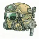  army  spec ops helmet with night vision goggles mounted to it. wearing it is a smiley face but the eyes are Xs tattoo design idea