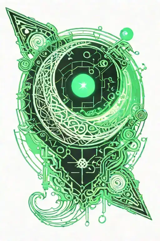 Celestial planet green fire casting light on a crescent moon tattoo design idea
