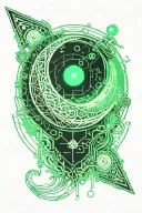 Celestial planet green fire casting light on a crescent moon tattoo design idea