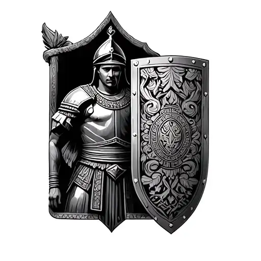 roman soldier with shield engraved cambodia and hmong symbols tattoo design idea