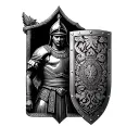 roman soldier with shield engraved cambodia and hmong symbols tattoo design idea