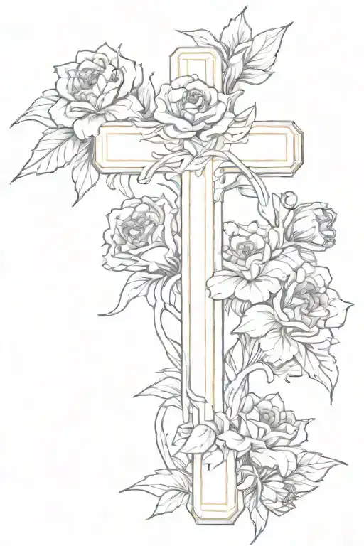 cross with carnation, violet, and daffodils flower growing on it tattoo design idea