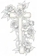 cross with carnation, violet, and daffodils flower growing on it tattoo design idea