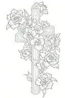 cross with carnation, violet, and daffodils flower growing on it tattoo design idea