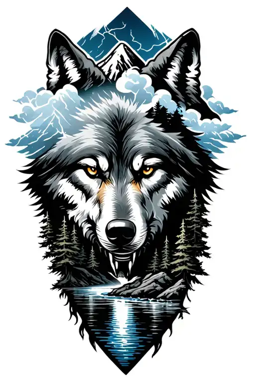 wolf mountain river trees storm clouds lightening tattoo design idea