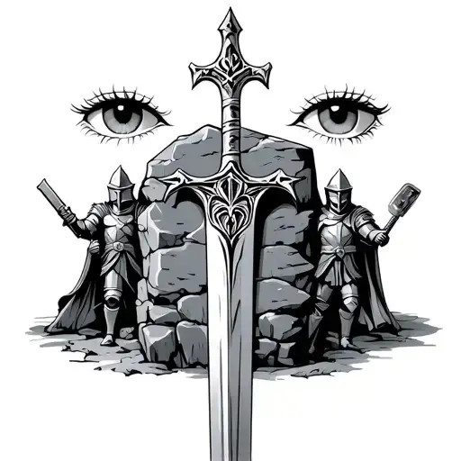 Excalibur embedded in a stone, with two knights in the background, and two eyes in the backdrop, as if watching over the tattoo design idea