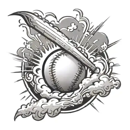 Design a tattoo of a baseball breaking through the clouds, with rays of light shining down, representing the divine inspiration and guidance in the game tattoo design idea