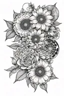 5 moon phases, cosmo flower, aster flower, rose flower and poppy flower tattoo design idea