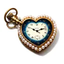 A heart-shaped pocket watch with a white pearl trim, pointing to midnight 0 o'clock. tattoo design idea