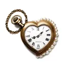 A heart-shaped pocket watch with a white pearl trim, pointing to midnight 0 o'clock. tattoo design idea