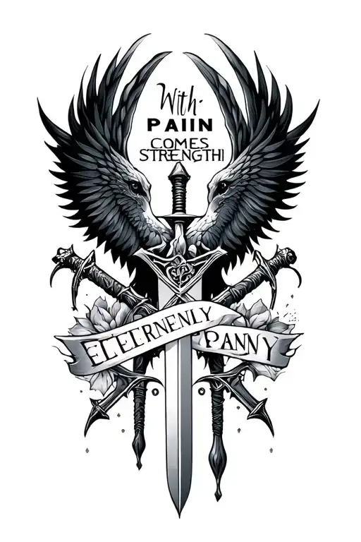 "With pain comes strength " phoenx and swords crossed for pain eternally poetic tattoo design idea