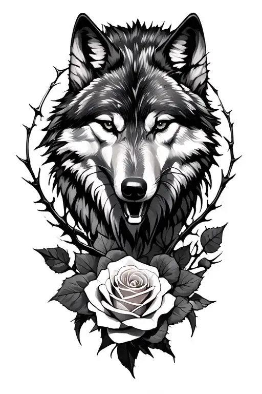 Wolf looking thorns roses tattoo design idea