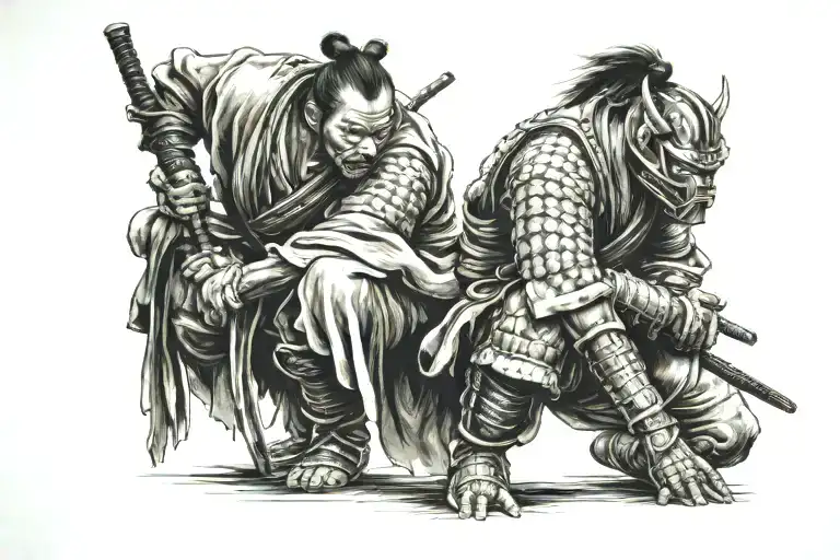 ronin samurai kneeling on both legs tattoo design idea