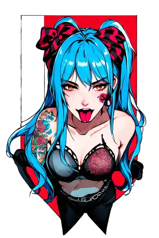 Clean, hentail, nude, bdsm, sexy front suggestive position, nymphomaniac face, stick out tongue, underware, blue hair tattoo design idea