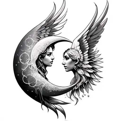 matching tattoo for niece and aunt featuring elements of Virgo Scorpio Moon Sun Peace Heaven wings tattoo design idea