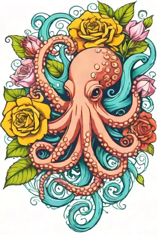 octopus, snowdrop, rose,  marigold flower tattoo design idea