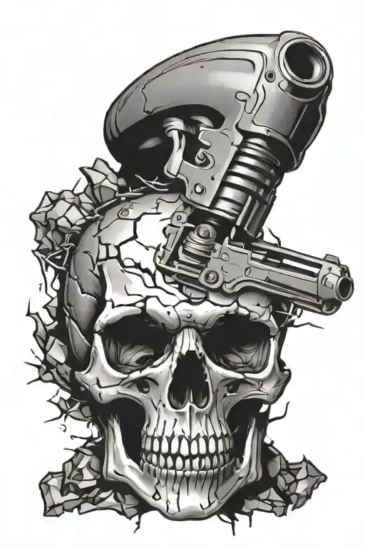 Cracked skull with open mouth, gun firing into its open mouth, bullet coming out the top of the skull tattoo design idea