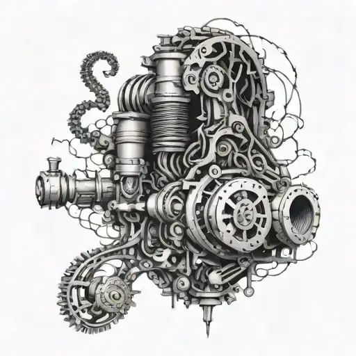 An intricate design of an engine intertwined with a thunderstorm tattoo design idea