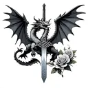 abstract celtic dragon, spread wings, sword, roses tattoo design idea